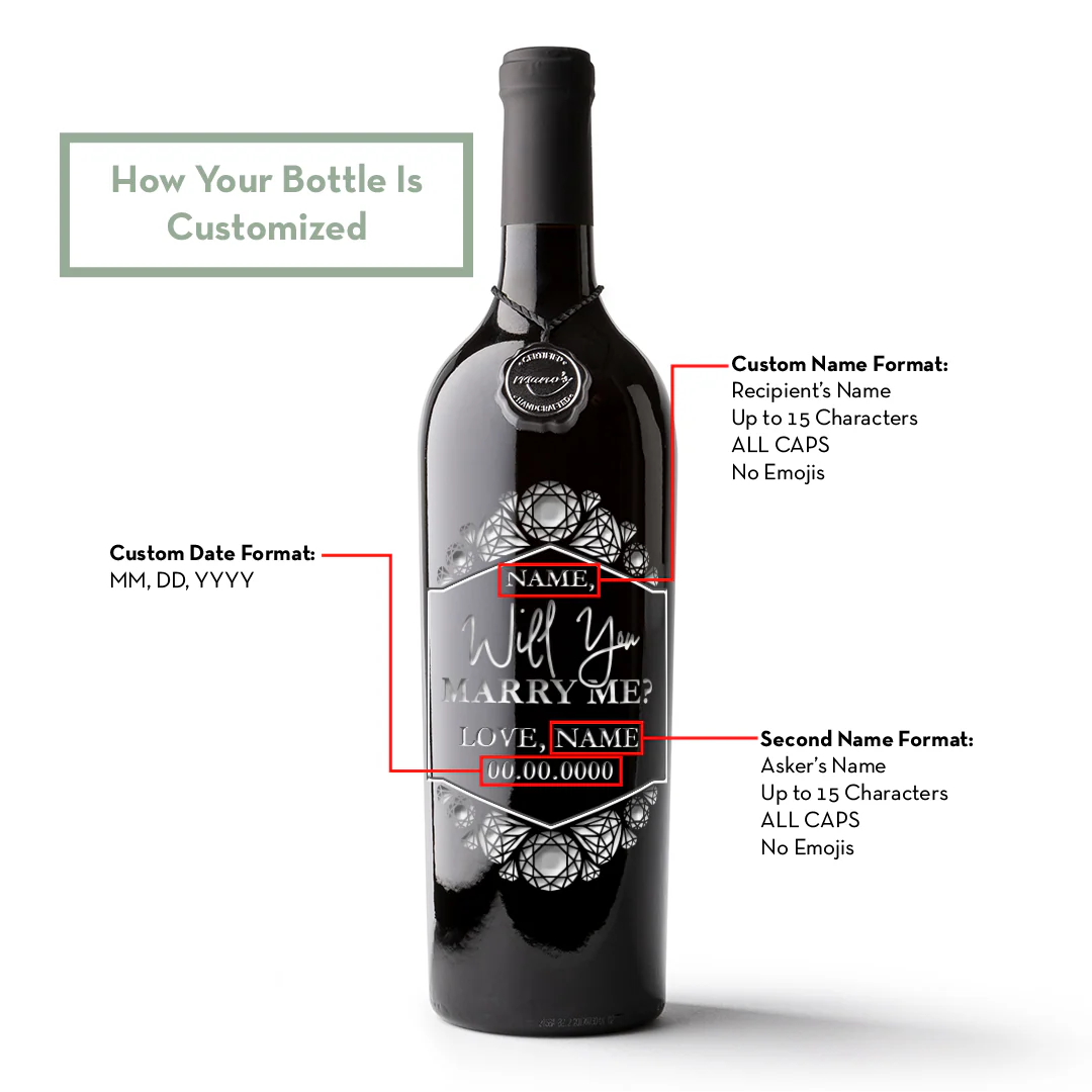 Custom Diamond Will You Marry Me Etched Wine Bottle - Image 2