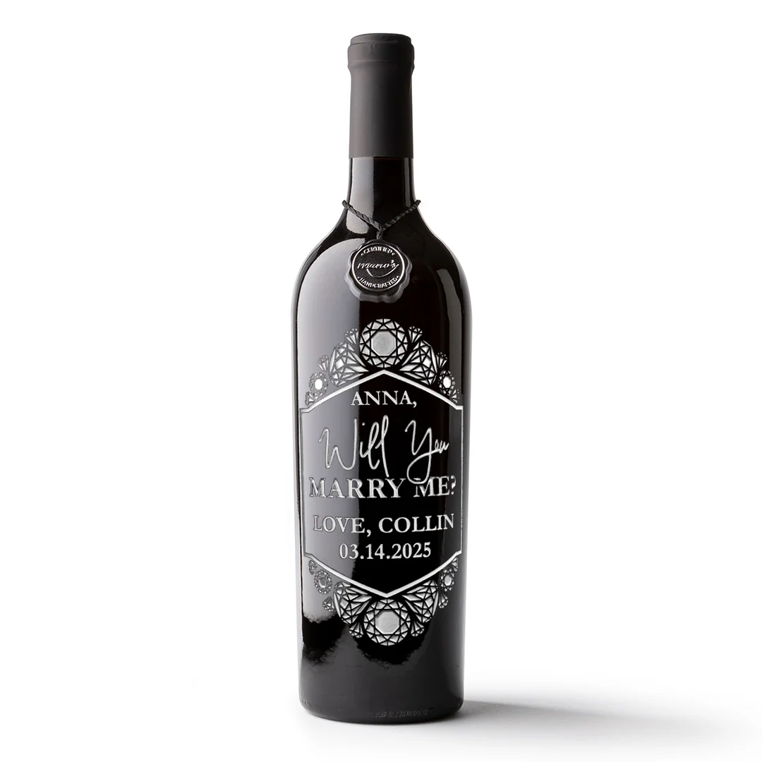 Custom Diamond Will You Marry Me Etched Wine Bottle - Image 3