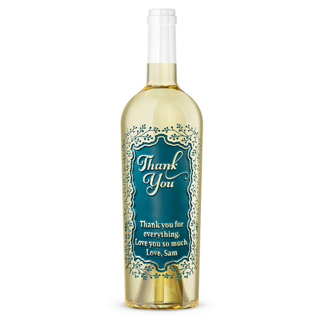 Custom Thank You Foliage Frame Chardonnay Etched Wine