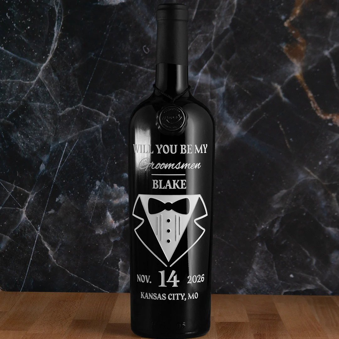 Custom Wedding Tuxedo Etched Wine - Image 3