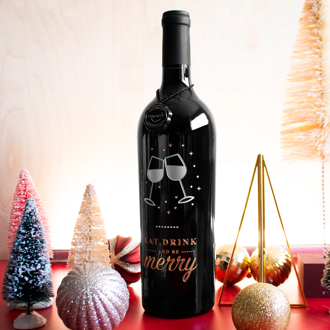 Eat, Drink, And Be Merry Etched Wine Bottle - Image 2