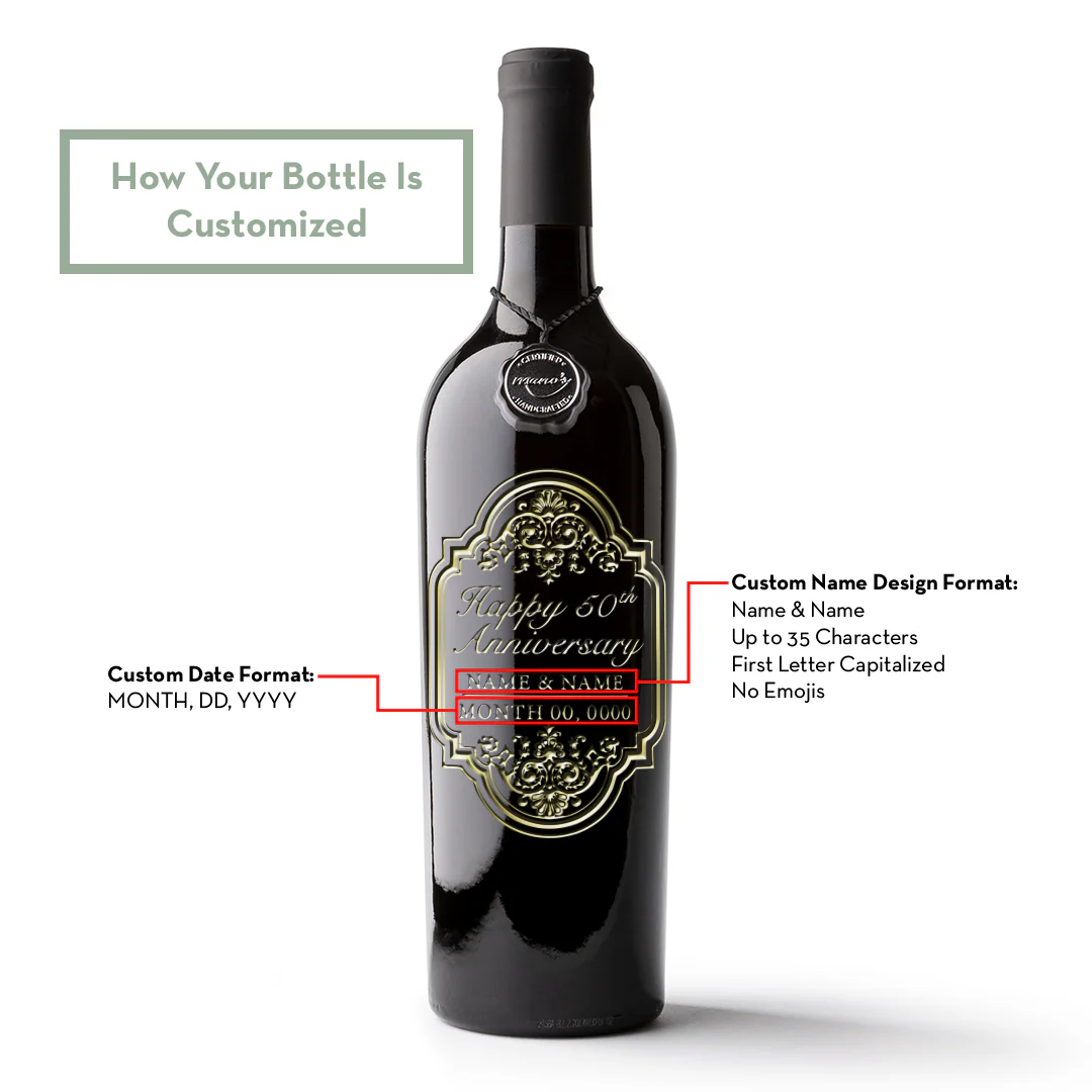 Gold 50th Anniversary Classic Frame Custom Etched Wine Bottle - Image 3