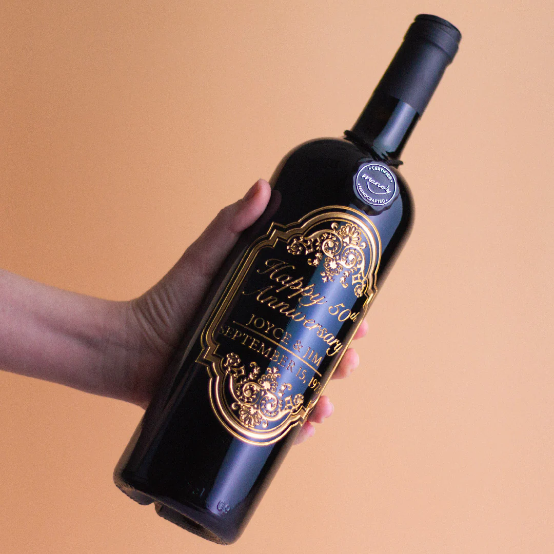 Gold 50th Anniversary Classic Frame Custom Etched Wine Bottle - Image 4