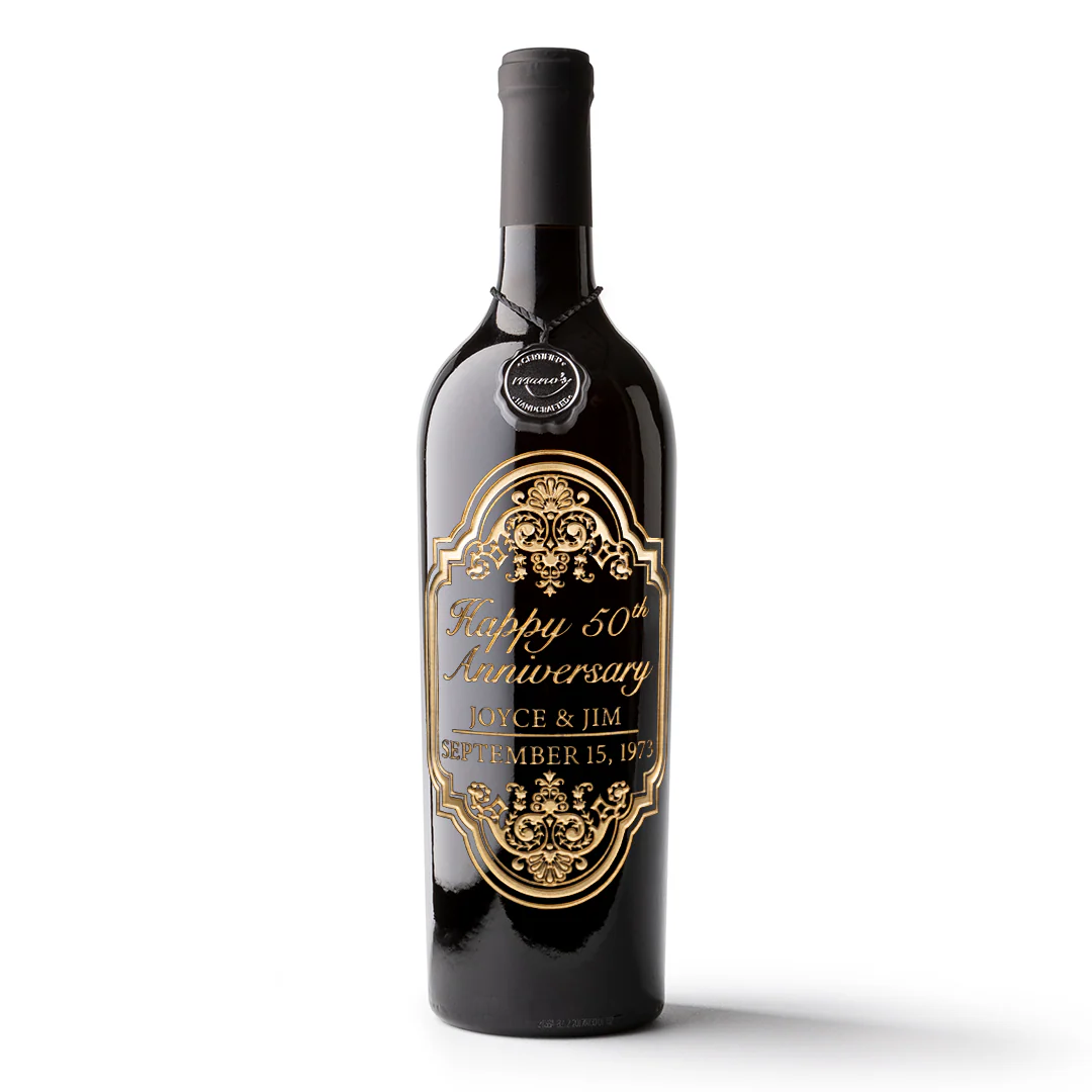 Gold 50th Anniversary Classic Frame Custom Etched Wine Bottle - Image 8