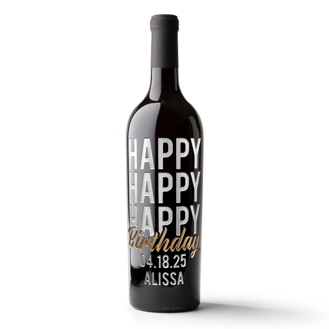 Happy Happy Happy Birthday Script Custom Etched Wine