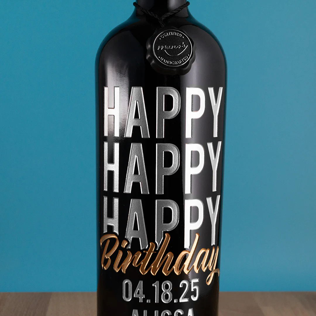 Happy Happy Happy Birthday Script Custom Etched Wine - Image 2