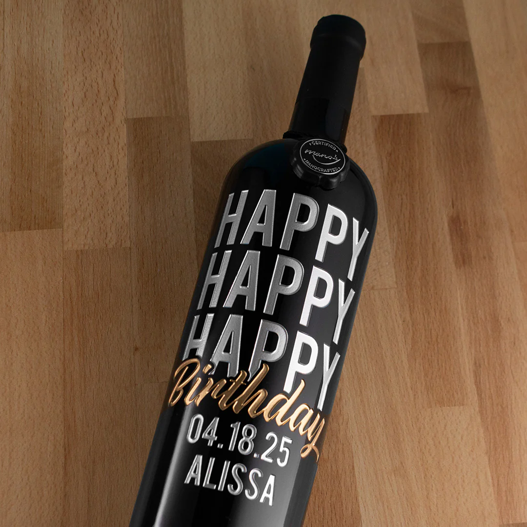 Happy Happy Happy Birthday Script Custom Etched Wine - Image 3