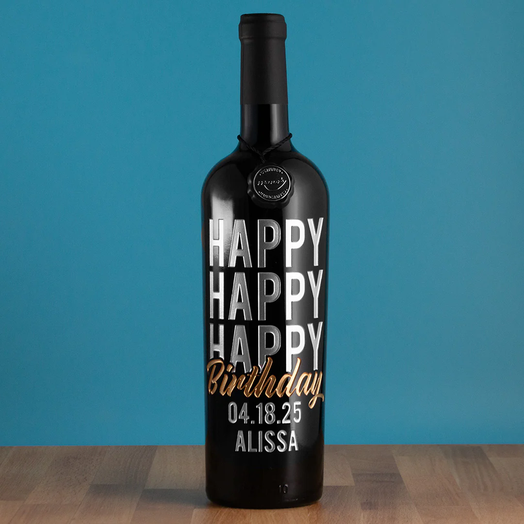 Happy Happy Happy Birthday Script Custom Etched Wine - Image 4