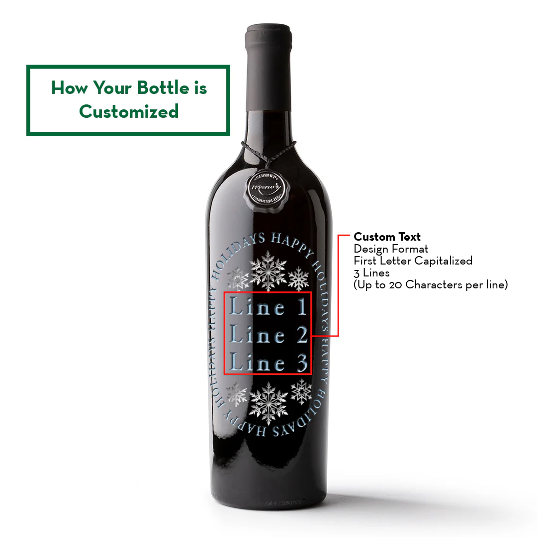 Happy Holidays Snowflake Custom Etched Wine Bottle - Image 2