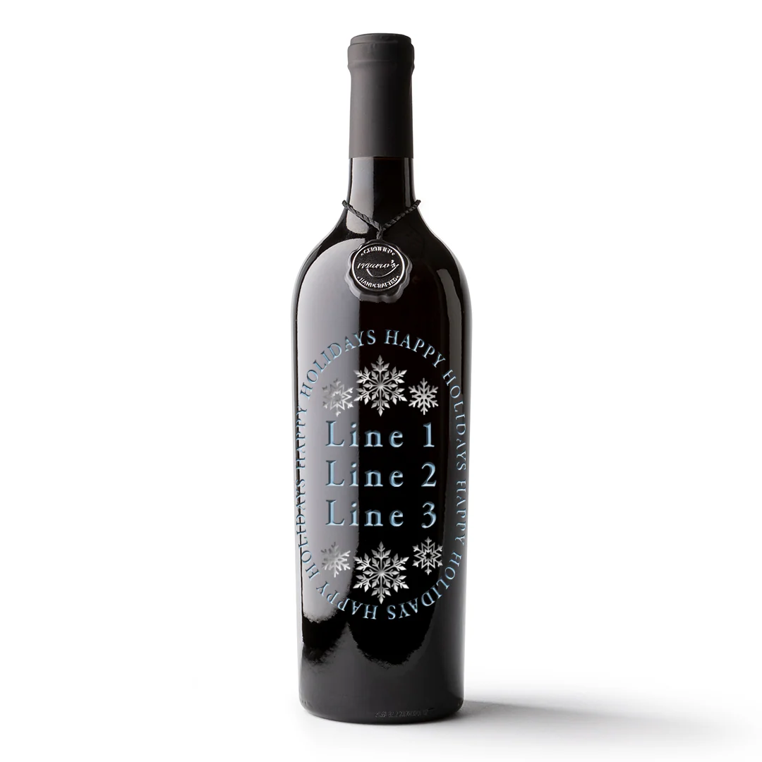 Happy Holidays Snowflake Custom Etched Wine Bottle - Image 3