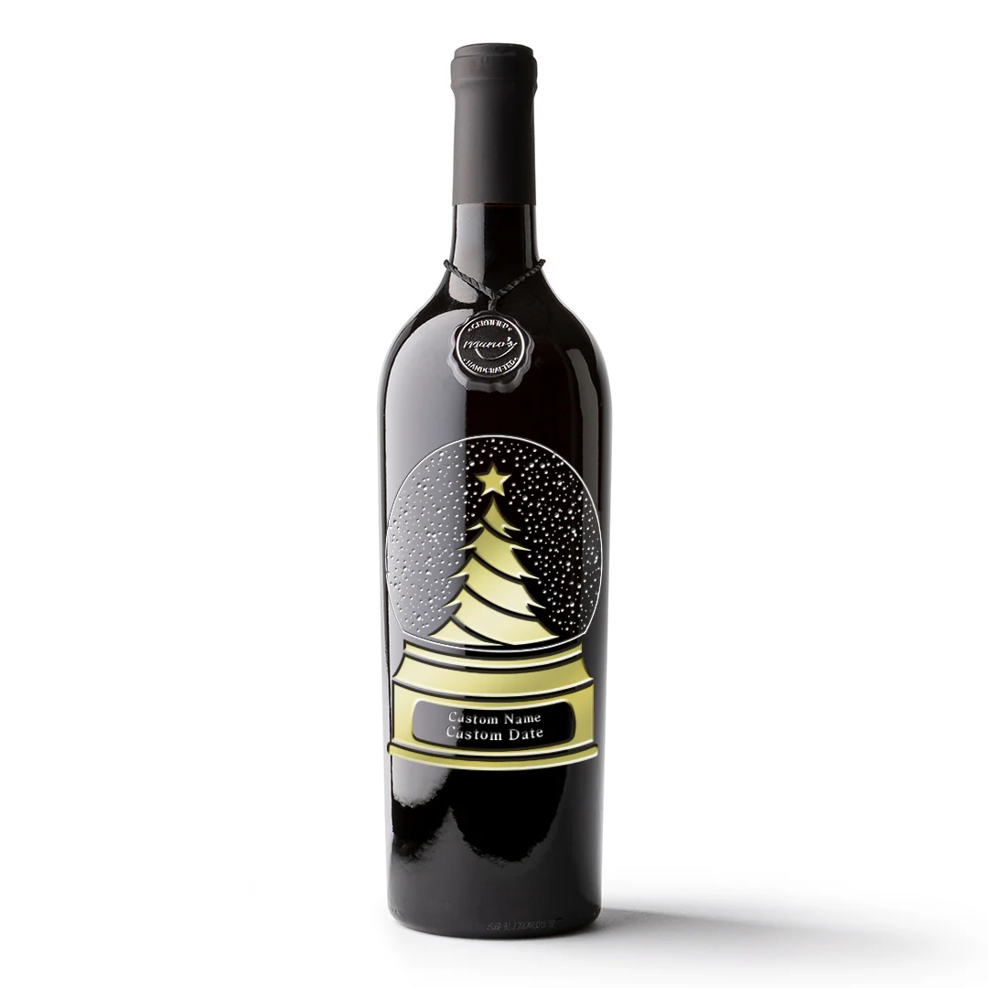 Holiday Tree Snow Globe Custom Etched Wine Bottle - Image 3
