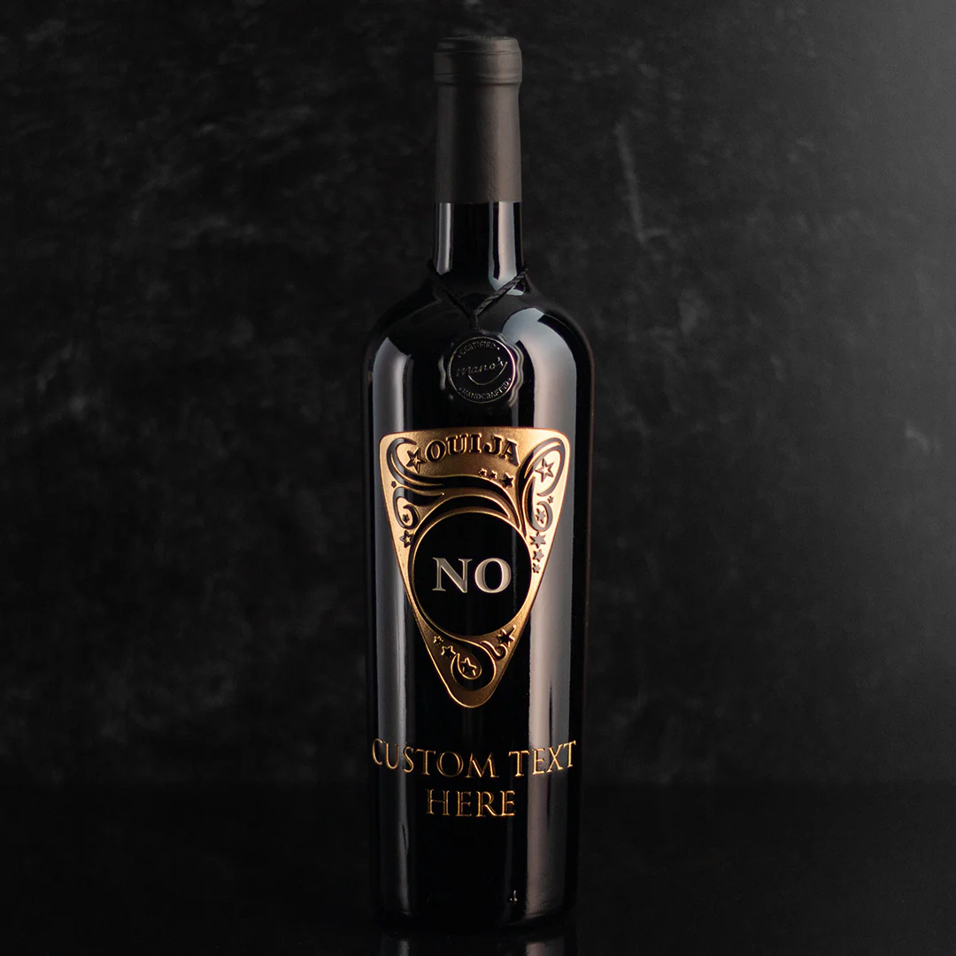 Ouija "No" Planchette Custom Etched Wine Bottle - Image 3