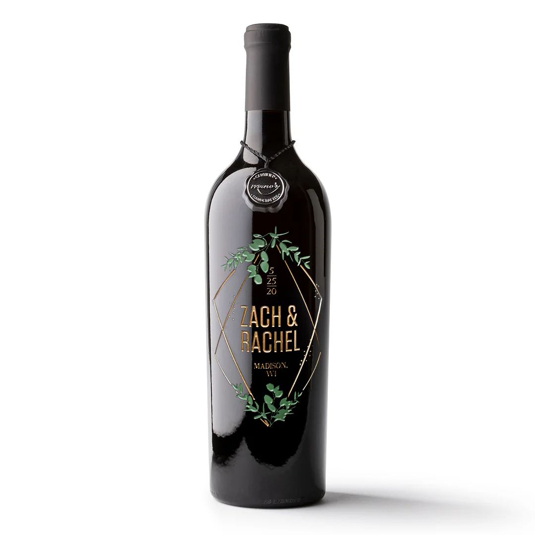 Wedding Foliage Diamond Frame Custom Etched Wine Bottle - Image 3