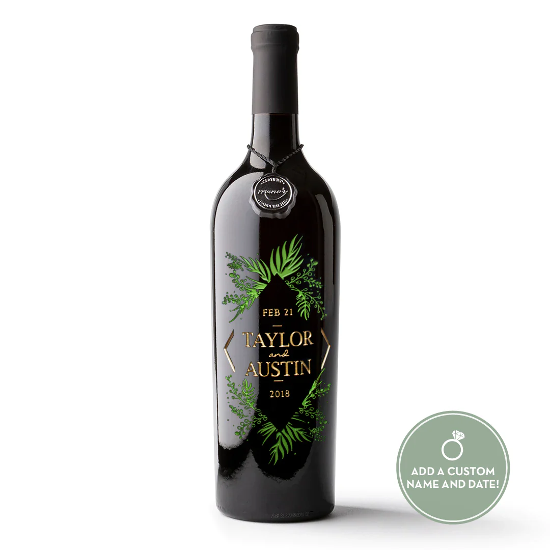 Wedding Foliage Frame Custom Etched Wine Bottle